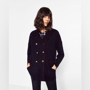 Zara Navy Blue Military Piped Three Quarter Length Jacket Coat Size XS